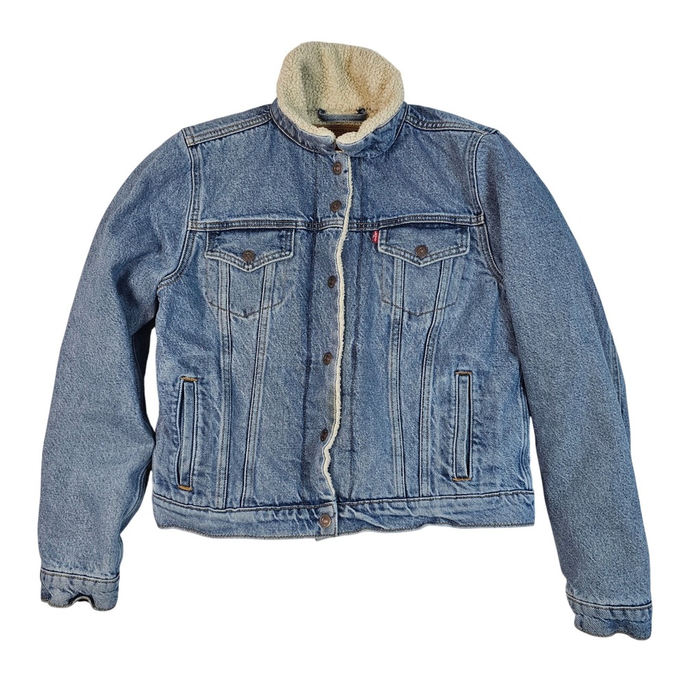 Levis Sherpa Lined Denim Trucker Jacket Medium Wash Blue Mens Large L
